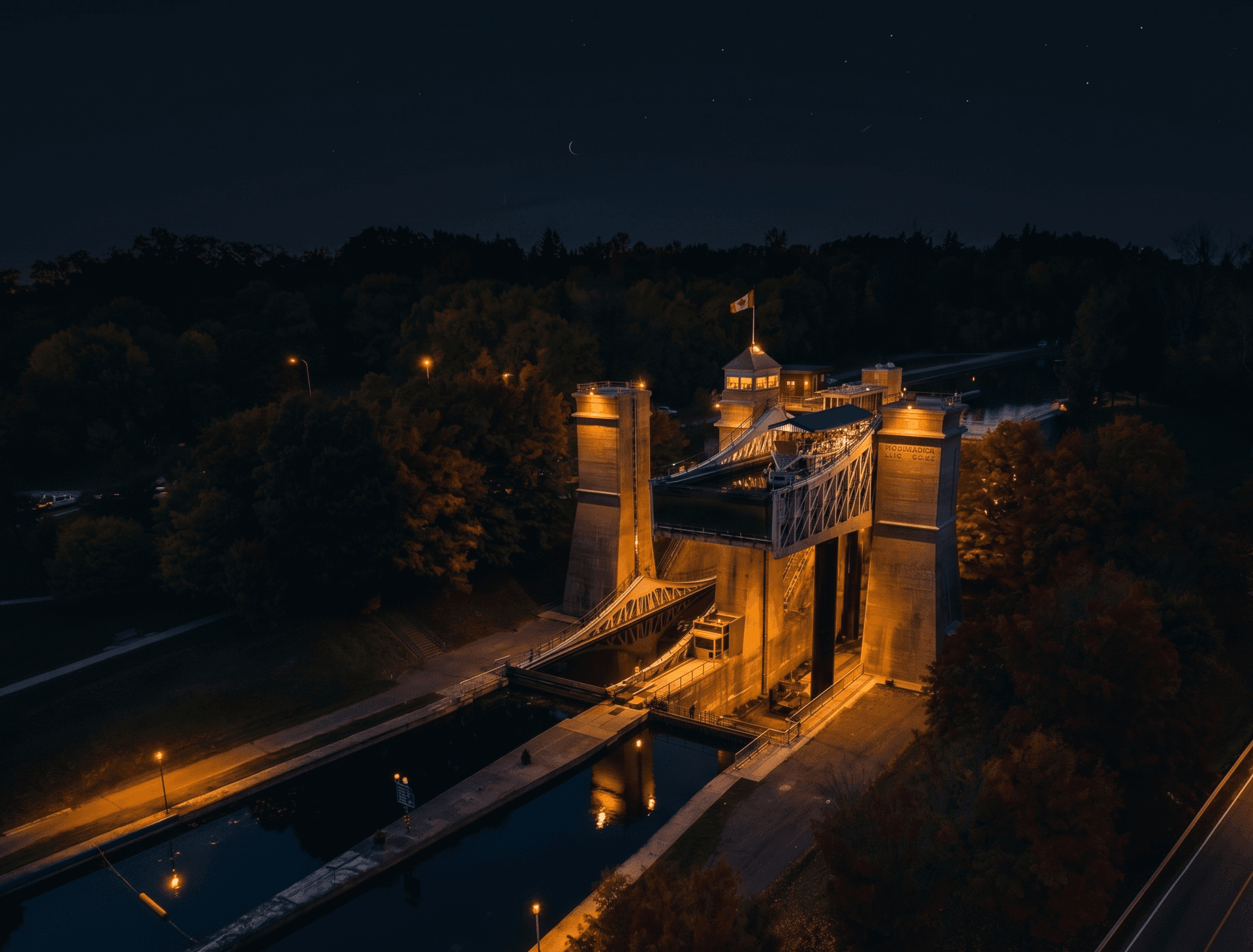 Peterborough Lift Lock at night, the iconic hydraulic lift lock served by 06YILDIZ LIMO's executive fleet